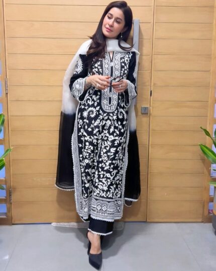 Casual Black Pure Georgette Embroidery Work Pakistani Suit With Dupatta