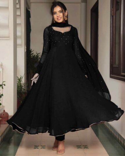 Casual Black Pure Georgette Lace Work Anarkali Suit With Dupatta