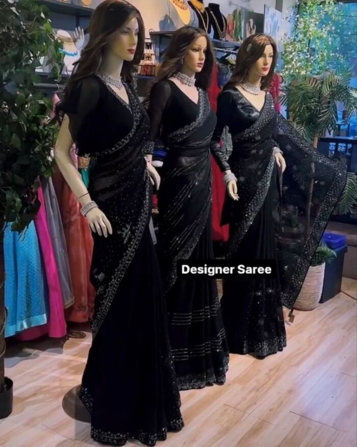 Casual Black Pure Georgette Sequence Work Saree Wth Blouse