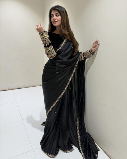 Casual Black Silk Cording Lace Work Saree With Blouse