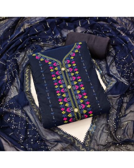 Casual Blue Chanderi Cotton Embroidery Work Salwar Suit With Dupatta