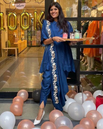Casual Blue Cotton Silk Dhoti Suit With Drape Lace Work Dupatta