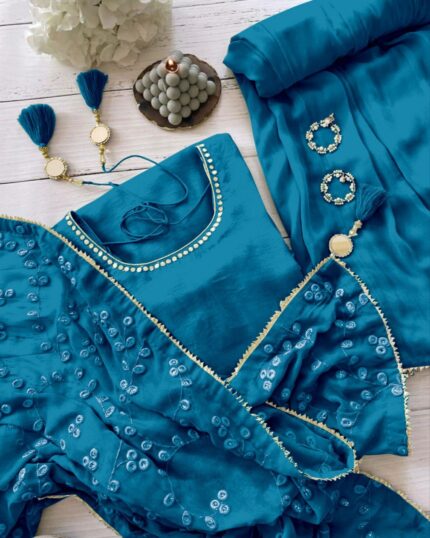 Casual Blue Maska Cotton Mirror Work Palazo Suit With Dupatta
