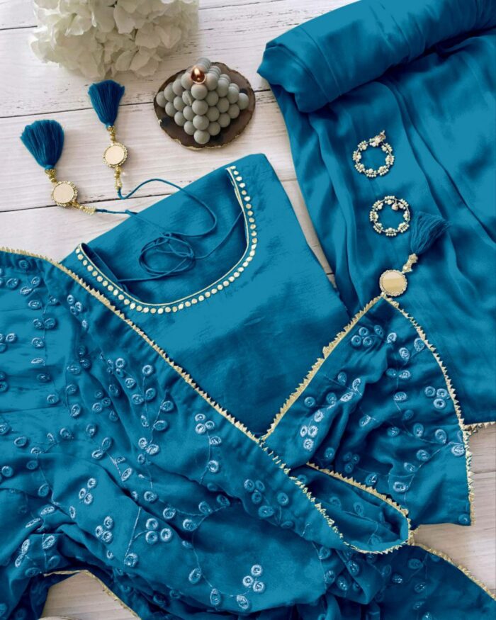Casual Blue Maska Cotton Mirror Work Palazo Suit With Dupatta