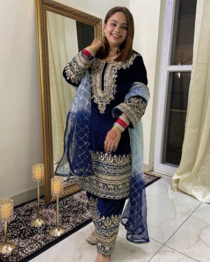Casual Blue Micro Velvet Embroidery Work Pakistani Pant Suit With Dupatta