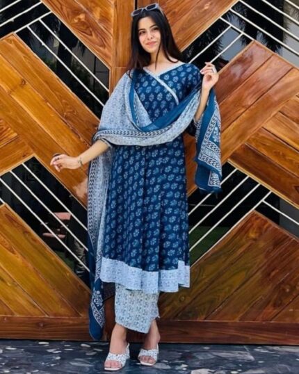Casual Blue Rayon Cotton Digital Print Work Anarkali Suit With Dupatta