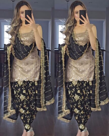 Casual Copper Faux Georgette Embroidery Work Dhoti Suit With Dupatta