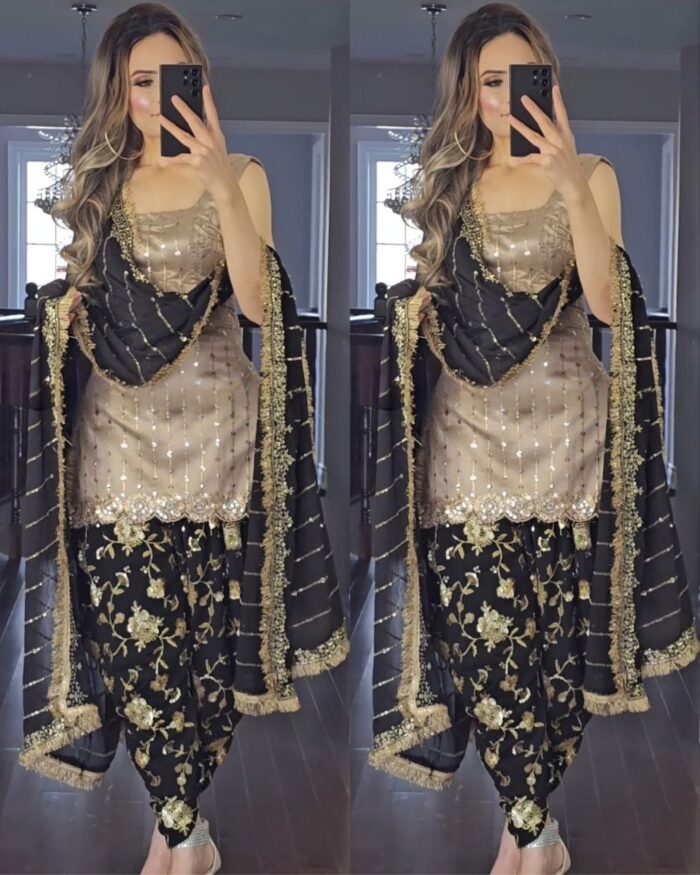 Casual Copper Faux Georgette Embroidery Work Dhoti Suit With Dupatta