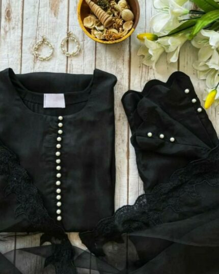 Casual Cotton Black Silk Button Work Salwar Suit With Dupatta