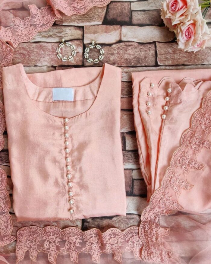 Casual Cotton Peach Silk Button Work Salwar Suit With Dupatta