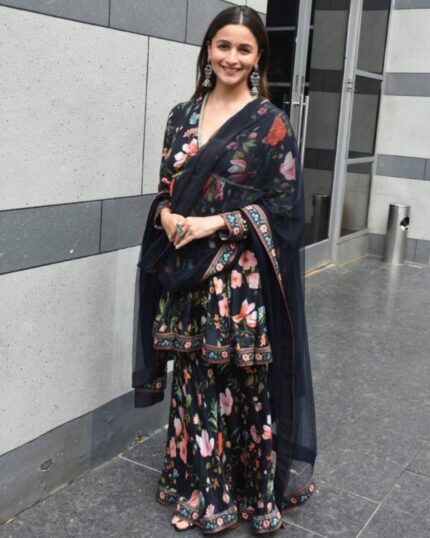 Casual Crape Silk Black Printed Sharara Suit With Dupatta