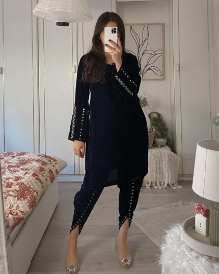 Casual Dark Blue Micro Velvet Sequence Work Tulip Suit With Dupatta