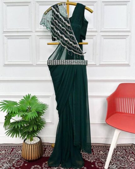 Casual Dark Green Faux Georgette Work Saree With Blouse And Shrug