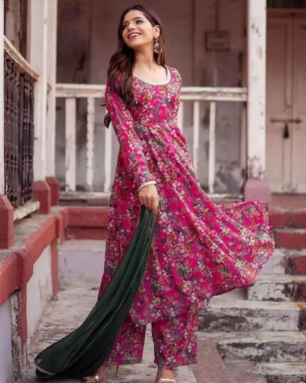 Casual Deep Pink Faux Georgette Printed Anarkali Suit With Green Dupatta