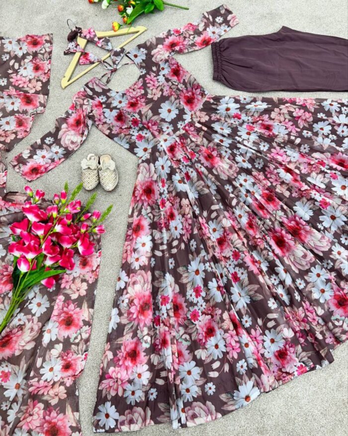 Casual Floral Printed Organza Silk Anarkali Suit With Dupatta