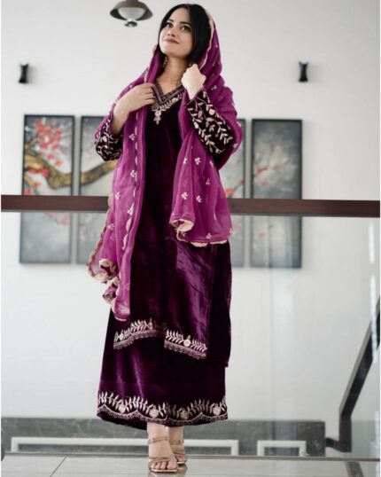 Casual Grape Viscose Velvet Embroidery Work Palazo Suit With Dupatta