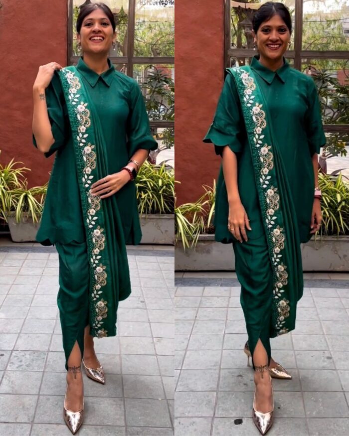 Casual Green Cotton Silk Dhoti Suit With Drape Lace Work Dupatta