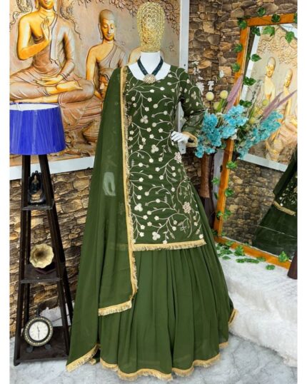 Casual Green-Maroon Pure Georgette Embroidery Work Sharara Suit With Dupatta