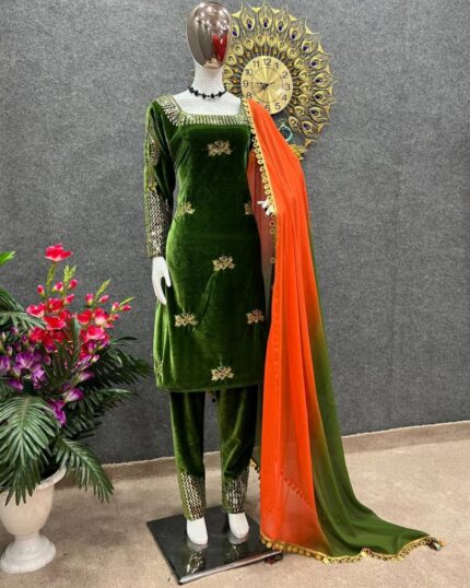 Casual Green Velvet Sequence Work Pant Suit With Double Shade Dupatta
