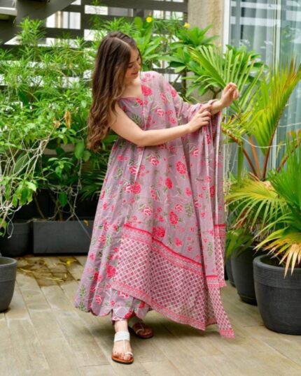 Casual Grey Butter Silk Floral Print Anarkali Suit With Dupatta