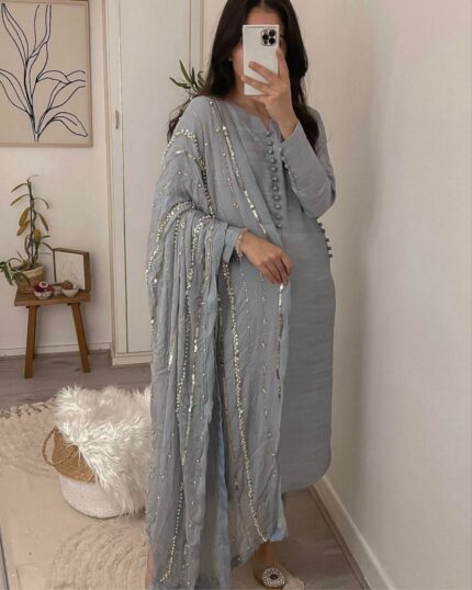 Casual Grey Faux Georgette Embroidery Work Pant Suit With Dupatta