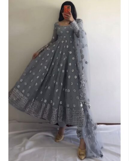 Casual Grey Faux Georgette Sequence Work Anarkali Suit With Dupatta