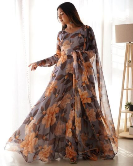Casual Grey Georgette Floral Print Work Anarkali Gown With Dupatta