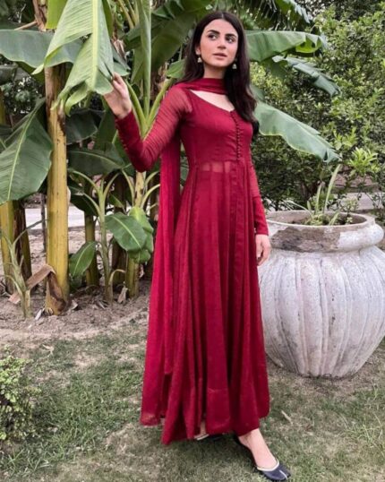 Casual Hot Red Georgette Silk Embroidery Work Anarkali Suit With Dupatta