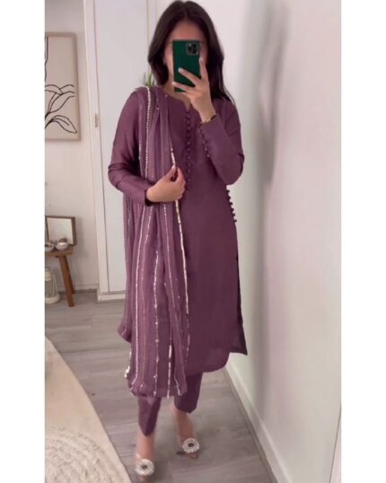 Casual Lavender Faux Georgette Embroidery Work Pant Suit With Dupatta
