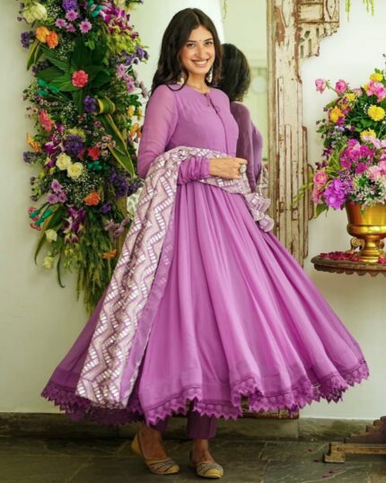 Casual Lilac Purple Pure Georgette Anarkali Suit With Heavy Dupatta
