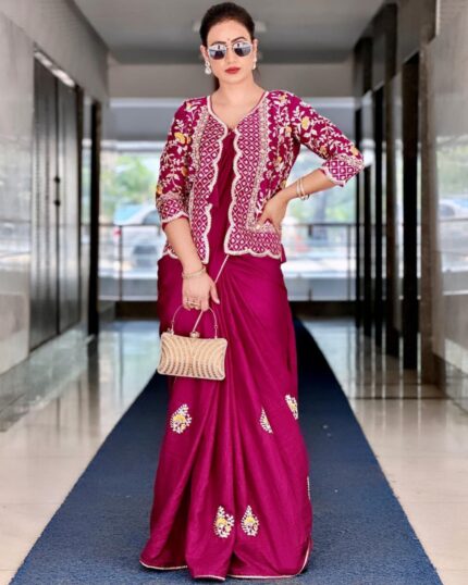 Casual Magenta Dola Silk Embroidery Work Saree With Blouse And Koti