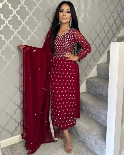 Casual Maroon Heavy Georgette Paper Mirror Work Pant Suit With Dupatta