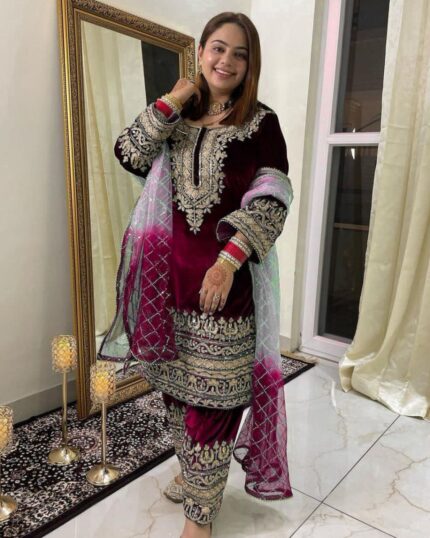 Casual Maroon Micro Velvet Embroidery Work Pakistani Pant Suit With Dupatta