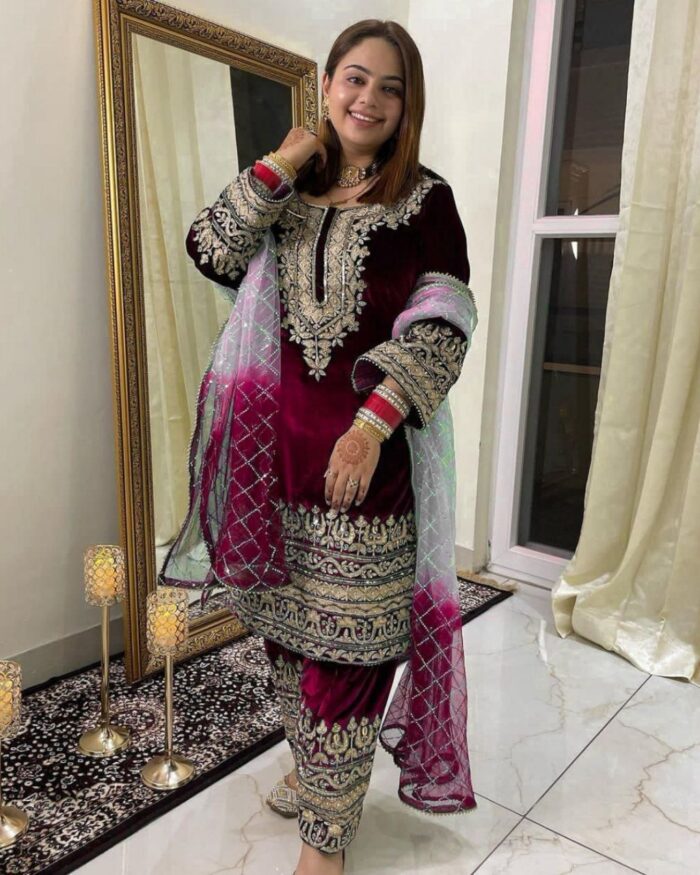 Casual Maroon Micro Velvet Embroidery Work Pakistani Pant Suit With Dupatta
