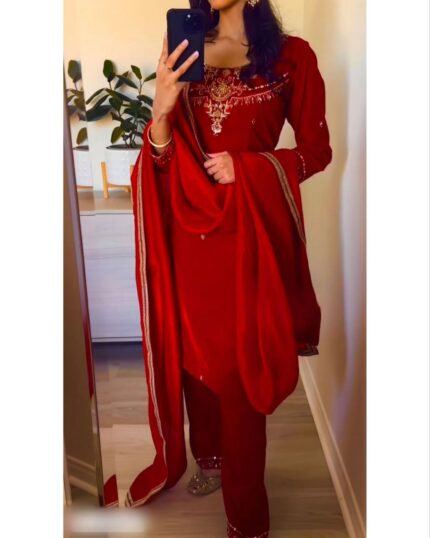 Casual Maroon Micro Velvet Embroidery Work Pakistani Suit With Dupatta