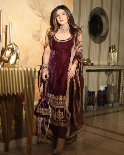 Casual Maroon Micro Velvet Sequence Work Pant Suit With Dupatta