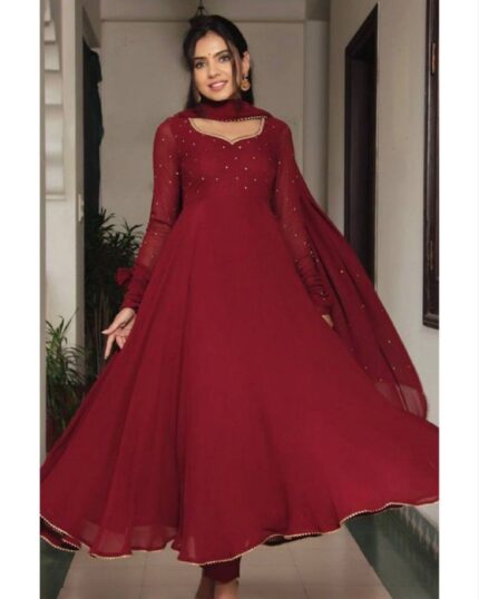 Casual Maroon Pure Georgette Lace Work Anarkali Suit With Dupatta