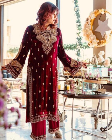 Casual Maroon-Red Micro Velvet Embroidery Work Pakistani Pant Suit