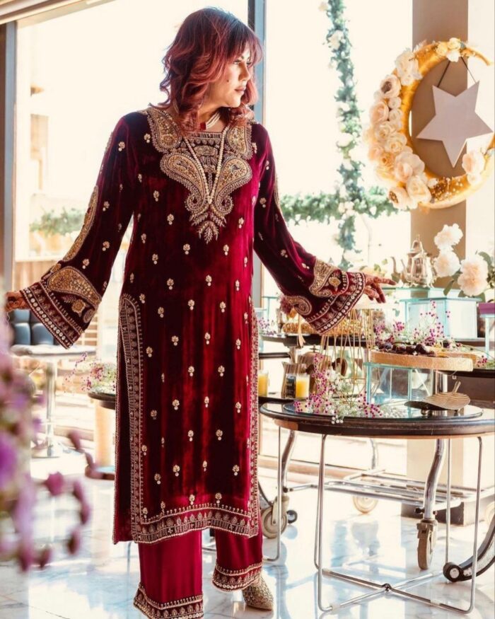 Casual Maroon-Red Micro Velvet Embroidery Work Pakistani Pant Suit