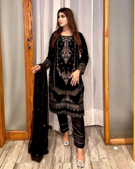 Casual Micro Velvet Embroidery Work Pakistani Suit With Dupatta