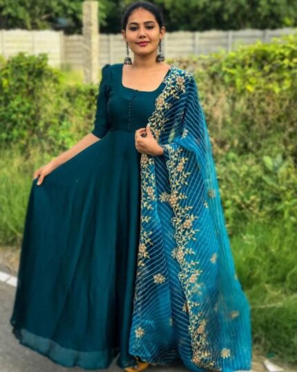 Casual Morpich Pure Blooming Plain Anarkali Suit With Dupatta