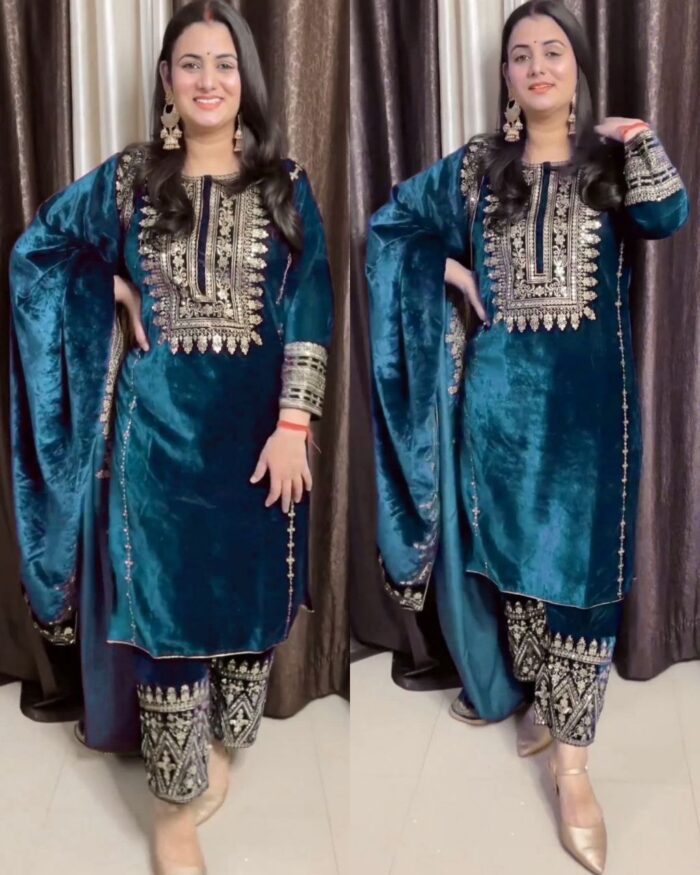 Casual Morpinch Micro Velvet Embroidery Work Pakistani Pant Suit With Dupatta