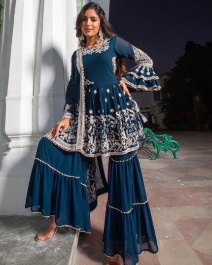 Casual Morpinch Pure Georgette Embroidery Work Sharara Suit With Dupatta