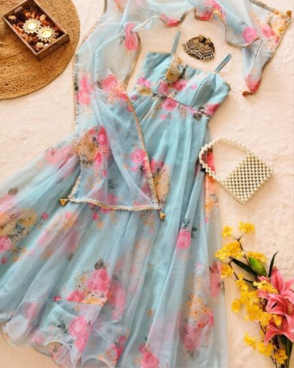 Casual Multi Tabby Silk Organza Digital Print Work Anarkali Suit With Dupatta