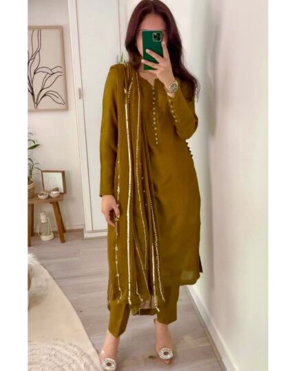 Casual Mustard Faux Georgette Embroidery Work Pant Suit With Dupatta
