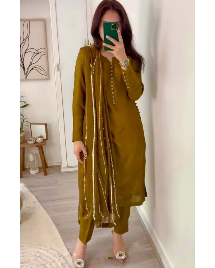 Casual Mustard Faux Georgette Embroidery Work Pant Suit With Dupatta