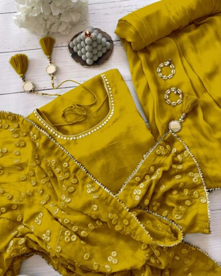 Casual Mustard Yellow Maska Cotton Mirror Work Palazo Suit With Dupatta