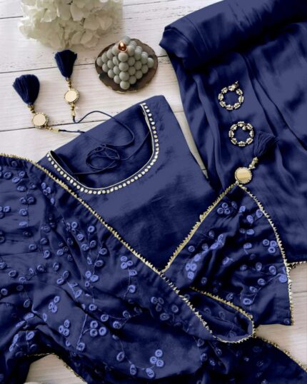 Casual Neavy Blue Maska Cotton Mirror Work Palazo Suit With Dupatta