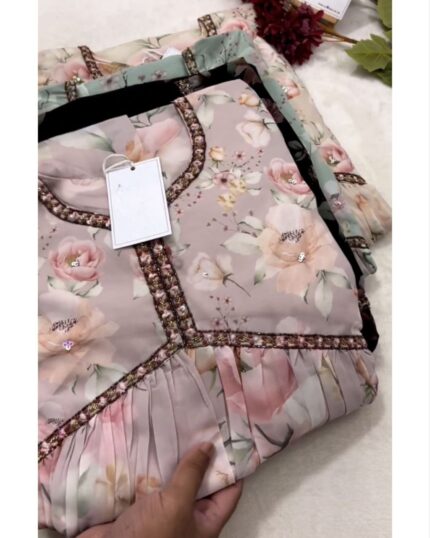Casual Peach Faux Georgette Digital Print Work Alia Cut Suit With Dupatta