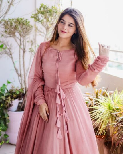 Casual Peach Faux Georgette Lace Work Anarkali Gown With Dupatta
